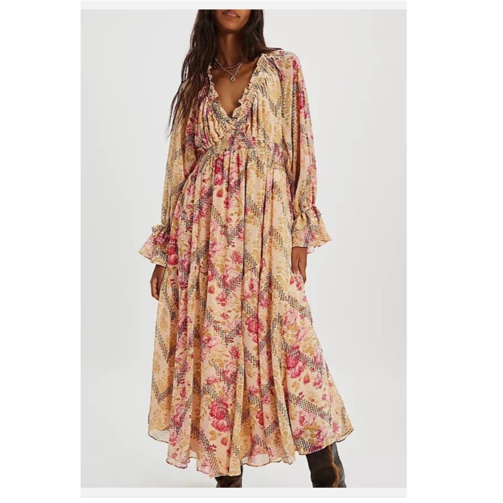 NWOT Free People Maxi Dress M Floral‎ Smocked Waist Ruffle Boho Babydoll Cottage